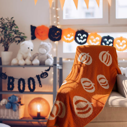 Large 58"x75" Pumpkin Throw Blanket Microfiber Super Soft Fluffy Fuzzy Plush Fall Halloween Reversible Blanket Baby Kids Adults | Modern Pumpkin Print | Adults