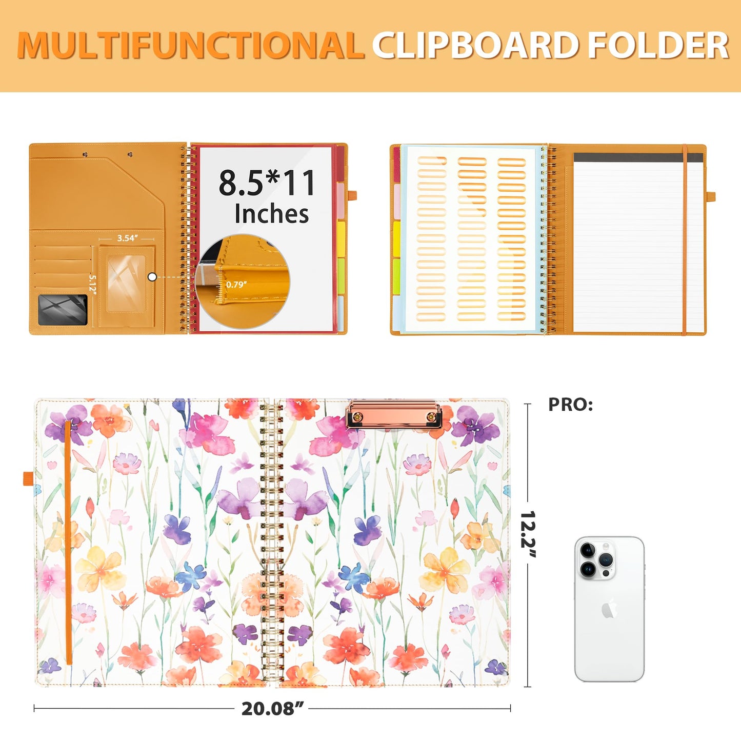 Ospelelf Clipboard with Storage for Women, Leather Padfolio Portfolio Organizer 5 Folders with 10 Pockets, Spiral Clipboard Folio with Notepad for Letter Size, Elastic Closure and Pen Loop Flowers