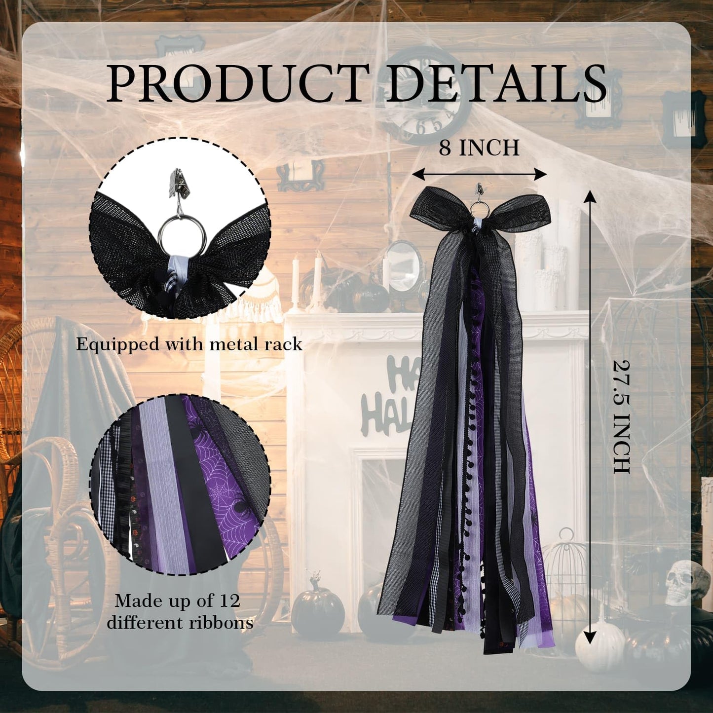 YKW Halloween Wreath Bow 27 Inch, Black Purple Spider Web Sash for Front Door Decoration, Large Gothic Ribbon Streamers Indoor Outdoor Wall Hanging