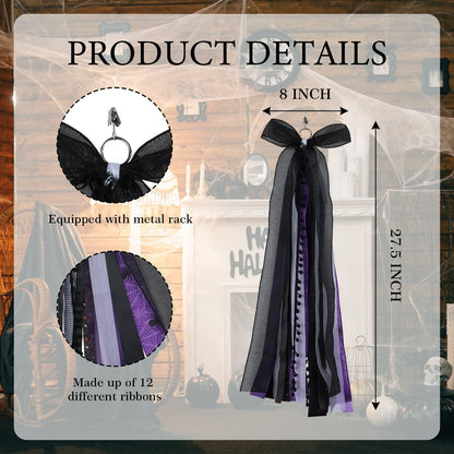 YKW Halloween Wreath Bow 27 Inch, Black Purple Spider Web Sash for Front Door Decoration, Large Gothic Ribbon Streamers Indoor Outdoor Wall Hanging