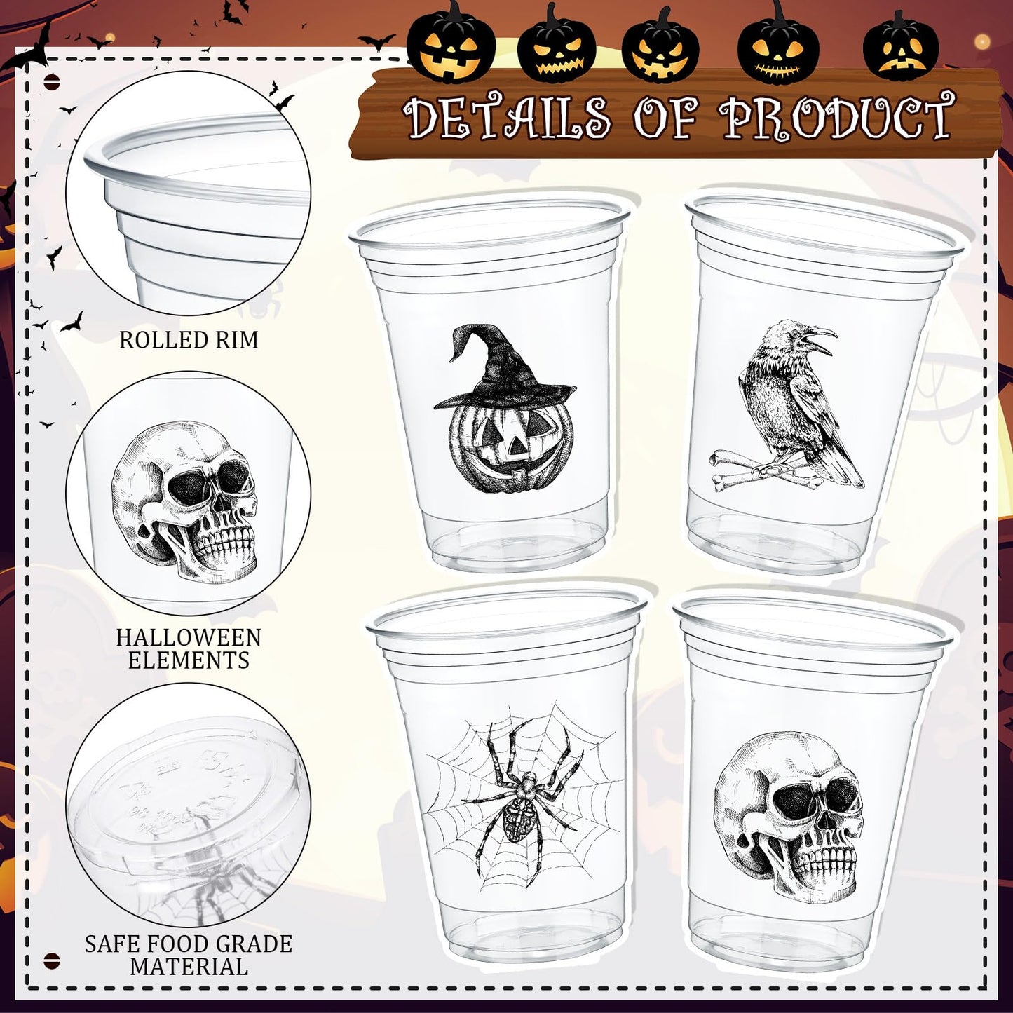 Teenyyou 100 pcs 16 oz Halloween Plastic Cups Disposable Halloween Clear Skull Pumpkin Spider Party Cups for Cold Drinks Candies Fruits and Party Supplies Decorations (Skull)