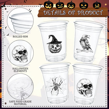 Teenyyou 100 pcs 16 oz Halloween Plastic Cups Disposable Halloween Clear Skull Pumpkin Spider Party Cups for Cold Drinks Candies Fruits and Party Supplies Decorations (Skull)