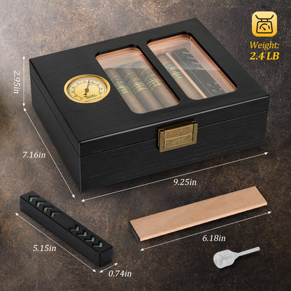 Usewire Cigar Humidor, Glass Top Cedar Cigar Case, Cigar Box for 20-30 Cigars with Hygrometer, Humidifier, Desktop Cigar Humidor, Cigar Lovers Gift (Black)