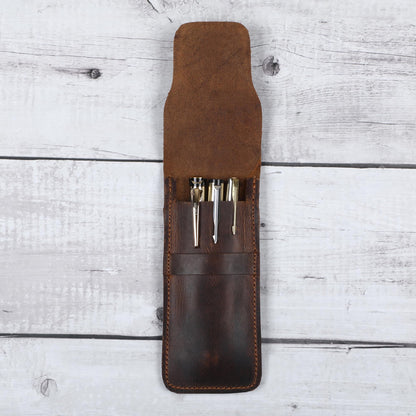 CestAntiQ Leather Pen Case - Handmade Executive Pen Holder - Professional Fountain Pen Organizer Pouch Brown