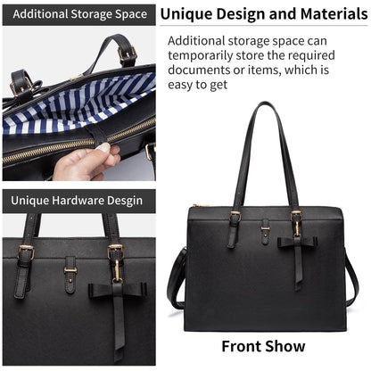 Keyli Laptop Tote Bag for Women Waterproof Leather Work Laptop Briefcase with Built-in USB Charging Port Computer Shoulder Bags Fits 15.6 Inch, Business Handbag Purse 4pcs Set Black