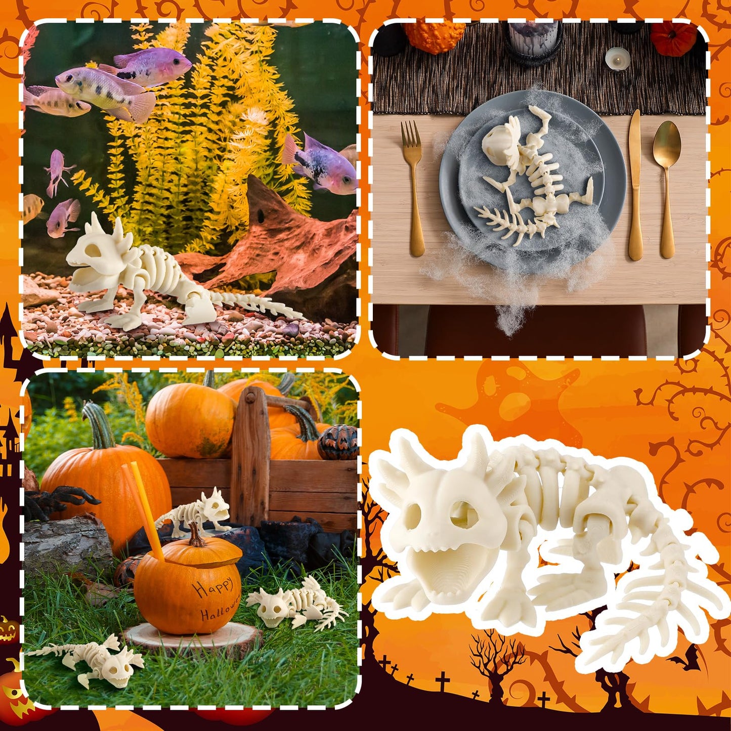Potchen 8 Pcs Halloween Animal Skeletons Decorations Halloween Axolotl Plastic Skeleton Bone Signs for Spooky Salamander Yard Haunted Home Accessories Props Indoor Decor