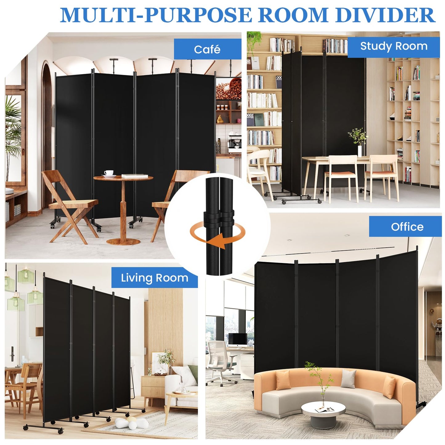SUNALLY Room Divider 6FT Folding Privacy Screens with Lockable Wheels, 4 Panel Room Partition for Room Separator, 88" W Freestanding Portable Fabric Wall Dividers for Home Dorm Studio Office, Black
