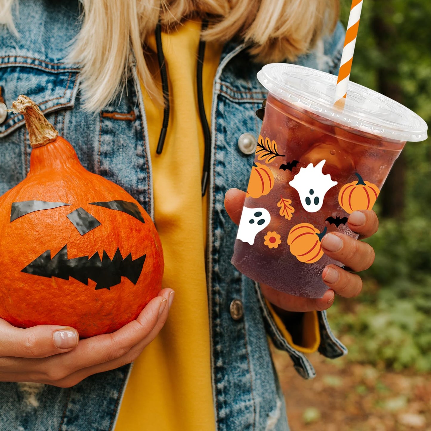Whaline 50Pcs 12Oz Halloween Plastic Cups with Lids & Straws Pumpkin Ghost Disposable Clear Drinking Cups with Black Ribbon for Birthday Party Supplies