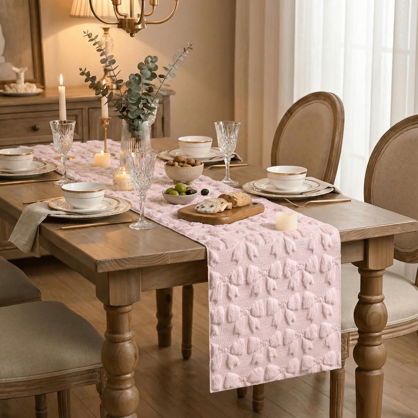 Artoid Mode Pink Soft Plush Faux Fur Jacquard Bows Table Runner, Valentine's Kitchen Dining Table Decoration for Home Party Decor 13x72 Inch