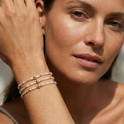 SHINUS BOHO Dainty Gold Plated Tiny White Rice Beaded Stack Bracelets Sets for Women,Stackable Small Beads Cute Bohemian Healing Stretch Trendy Ball Jewelry Friendship Gift Accessories