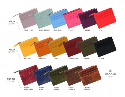 grande 3603 Genuine Leather Card Holder For Women and Men Slim Minimalist Small Zipper Wallet (BLACK)