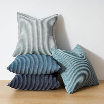 Topfinel Decorative Throw Pillow Covers Aque Teal Blue Gray Series,Summer Corduroy Striped Toss Pillows for Couch,Patio,Balcony,Children Bedroom,Modern Fluffy Blue Gradient Shams 20x20 Inch Set of 4