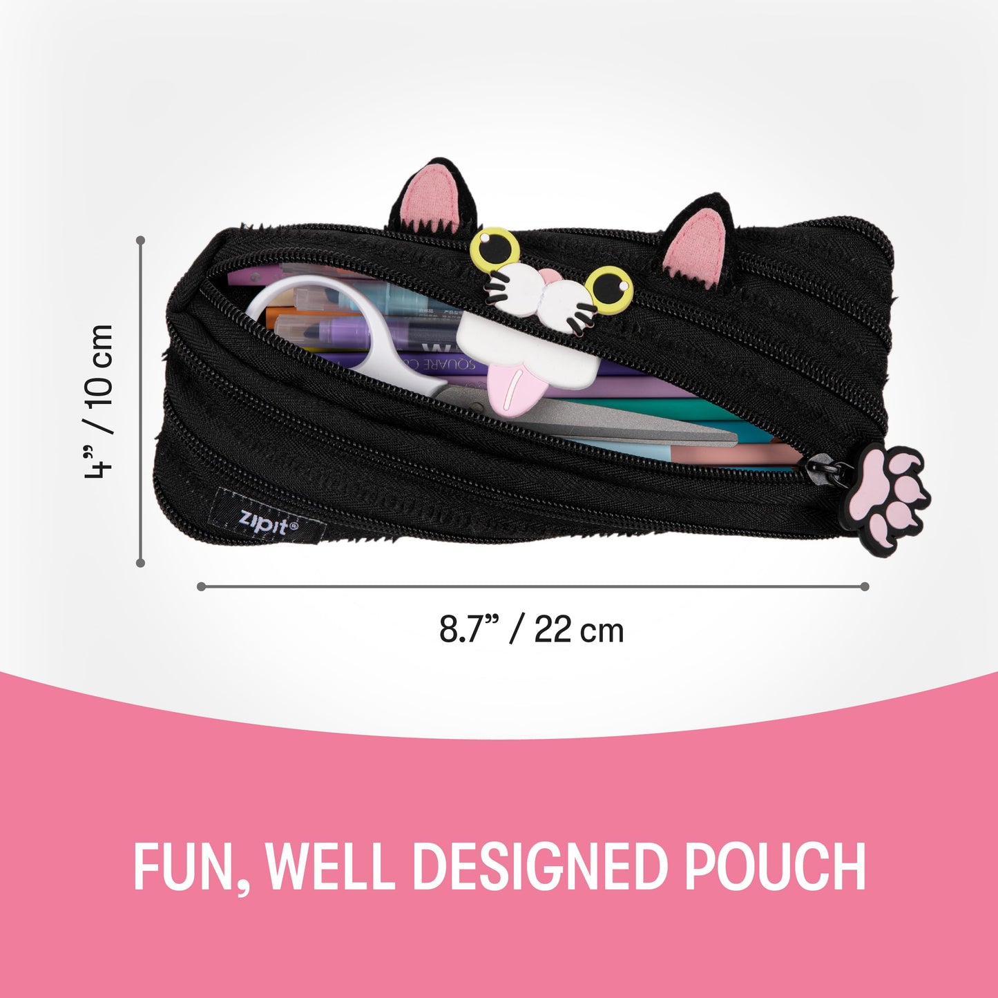 ZIPIT Cat Pencil Case for Girls, Cute Zipper Pouch for Kids Teens, Stationery Bag for School,Black