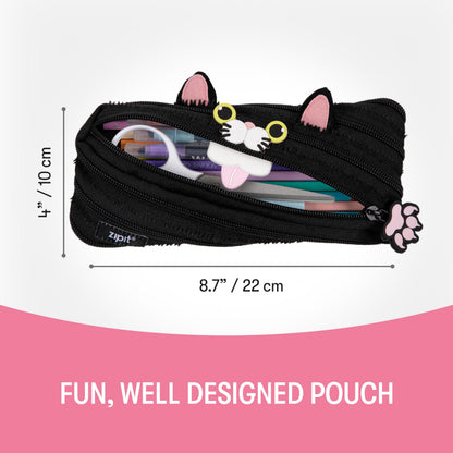 ZIPIT Cat Pencil Case for Girls, Cute Zipper Pouch for Kids Teens, Stationery Bag for School,Black
