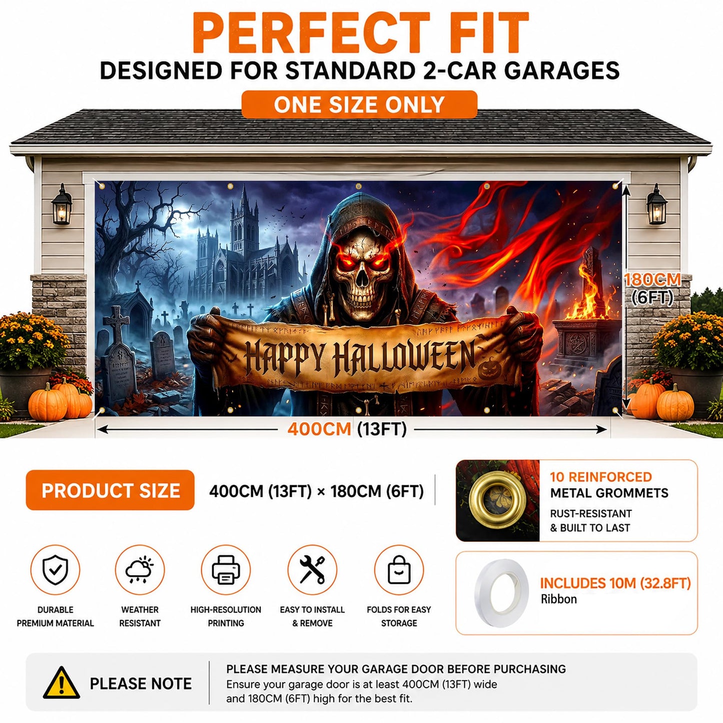 Halloween Garage Door Banner 13x6 FT Outdoor Decoration, Large Spooky Yard Decor Backdrop, Weatherproof Easy Install for Halloween Party (Funny Witch Cat Door Scene, 6 x 13 ft)