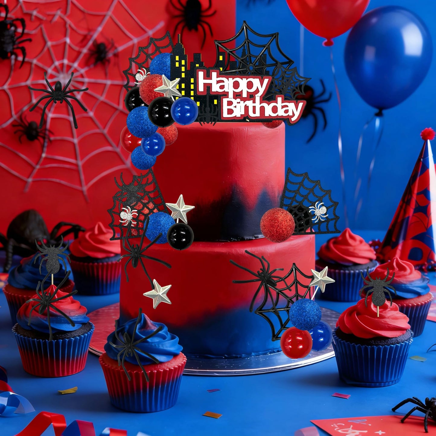 Tyotrbs Spider Cake Topper Spider Web Cake Decoration Spiders Theme Cake Decor Happy Birthday Toppers Stars Red Blue Balls Cupcake Topper for Hero Party Supplies