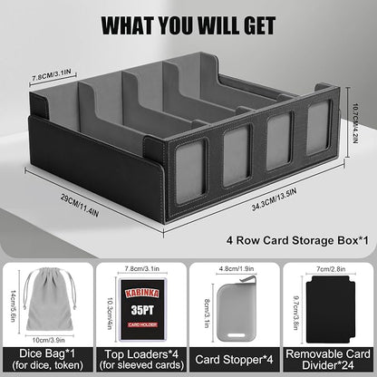 Kabinka Trading Card Storage Box with Commander Display, 4-Row Deck Case with Removable Lid; 2400+ Card Deck Box for MTG TCG Sports Card, 4 Top Loaders, 4 Stoppers, 24 Dividers,1 Dice Bag (Black)