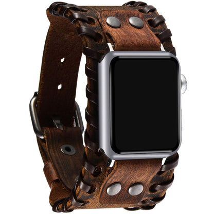 VIQIV Wide Cuff Bracelet Leather Band Compatible with Apple Watch 42mm 44mm Sports Watches for Men Women, Unisex Retro Replacement Wrist Strap for iWatch Series SE 6/5/4/3/2/1, Brown
