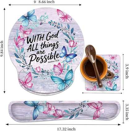 Keyboard Wrist Rest and Mouse Wrist Rest Pad with Cup Coaster,Made of Memory Foam,Ergonomic Support,Easy-Typing and Pain Relief,for Gaming Office Home Computer,with God All Things are Possible Floral