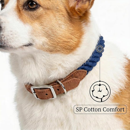 Mile High Life Genuine Leather Dog Collar, Durable Braided Cotton Rope Collar with Metal Pin Buckle for Small Medium Large Dogs (Navy Blue, M Neck 15"-18")