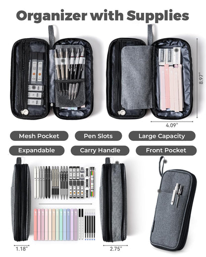 Four Candies 45 PCS Stationery Set with Pen Case, College Supplies and Nursing Student Essentials, 12 Pastel Highlighters, 6 Black Gel Pens, 6 Mechanical Pencils, Black