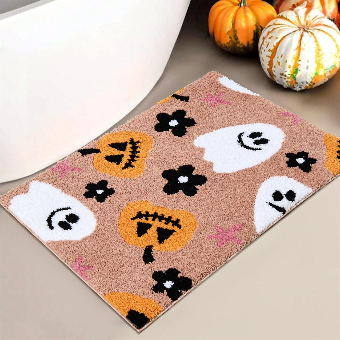 Aldopein Cute Halloween Indoor Bath Mat Non Slip 2x3 Entryway Rugs Washable, Boho Floral Pumpkins Ghost Fall Halloween Throw Area Rugs for Girls Bathroom Kitchen Bedroom Spooky Aesthetic Decor