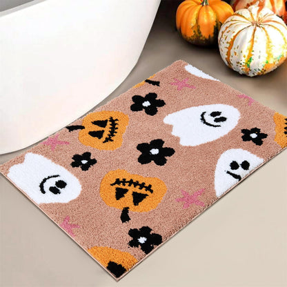 Aldopein Cute Halloween Indoor Bath Mat Non Slip 2x3 Entryway Rugs Washable, Boho Floral Pumpkins Ghost Fall Halloween Throw Area Rugs for Girls Bathroom Kitchen Bedroom Spooky Aesthetic Decor