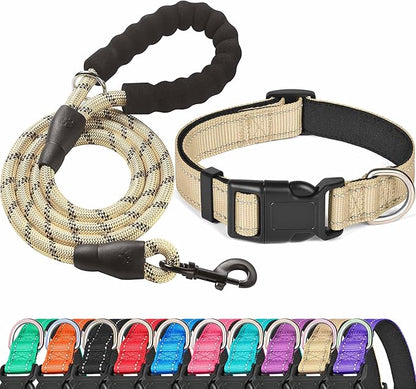Ladoogo Reflective Dog Collar Padded with Soft Neoprene Breathable Adjustable Nylon Dog Collars for Small Medium Large Dogs (Small (Pack of 1), Vanilla Collar+Leash)