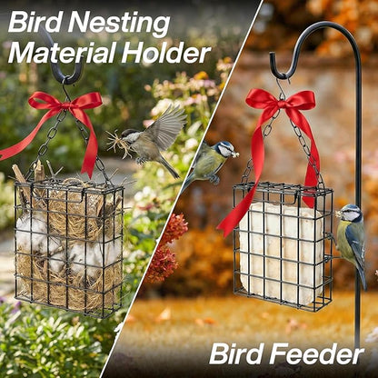 Bird Nesting Material Holder, Pet Fur Bird Nest Holder, with Jute Fiber & Red Ribbon to Attract Wild Birds, Reusable Bird Nesting Holder for Nest Building