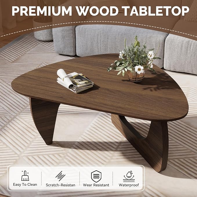 Modern Wood Coffee Table, Triangle Center Table with Premium Wooden Top& Unique Base, 35.5” Small Mid Century Tea Tables for Living Room, Apartment, Office,Walnut