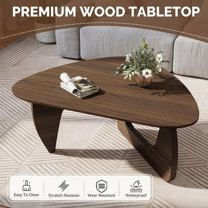 Modern Wood Coffee Table, Triangle Center Table with Premium Wooden Top& Unique Base, 35.5” Small Mid Century Tea Tables for Living Room, Apartment, Office,Walnut