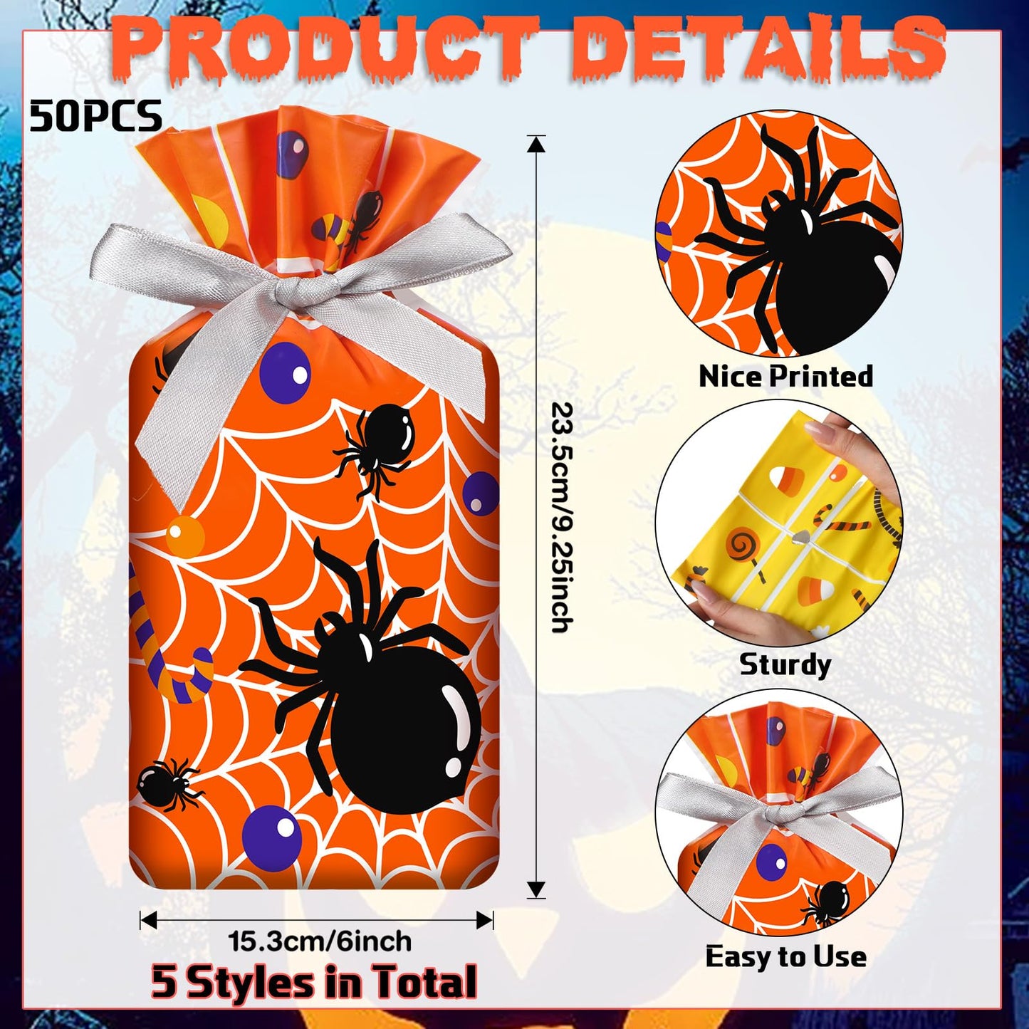 Aliceset 50 Pcs Small Halloween Drawstring Treat Goodie Bags - Plastic Spider Ghost Skeleton Gift Bags for Halloween Birthday Party Favors