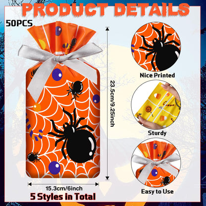 Aliceset 50 Pcs Small Halloween Drawstring Treat Goodie Bags - Plastic Spider Ghost Skeleton Gift Bags for Halloween Birthday Party Favors