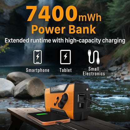 FosPower NOAA Emergency Weather Radio A1 7400mWh Portable Power Bank, AM/FM, USB/Solar/Hand Crank Charging, Battery Operated, SOS Alarm & Flashlight for Indoor/Outdoor Emergency - Orange