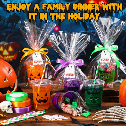 Jingmore 24 Sets 12 oz Halloween Gifts Cups Set Halloween Goodie Candy Bags with Card Ribbon and OPP Bags Disposable Plastic Clear Cups with Lids and Paper Straws for Treat Party Favor Supplies