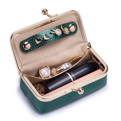 Nsciyise Genuine Leather Travel Jewelry Box, Mini Jewelry Organizer Case with Mirror for Women, Small Lipstick Bag for Purse, Cute Portable Gift for Her women giril (Green, Lridescent)