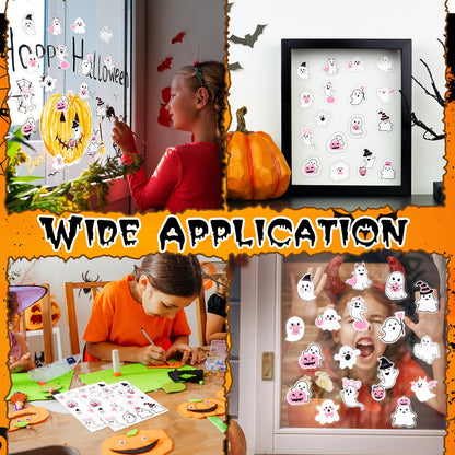 AmazingSpark 60 Pcs 3 Sheet Pink Halloween Thick Gel Window Clings Cute Ghost Pumpkin Boo Witch Gel Decal Stickers for Halloween Party Home Window Door Decor