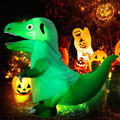 RoundFunny 6 FT Halloween Inflatables Dinosaur Outdoor Decorations Ghost Dinosaur with Pumpkin Inflatables Decoration with Built in LEDs for Halloween Party Yard Lawn Garden Decor