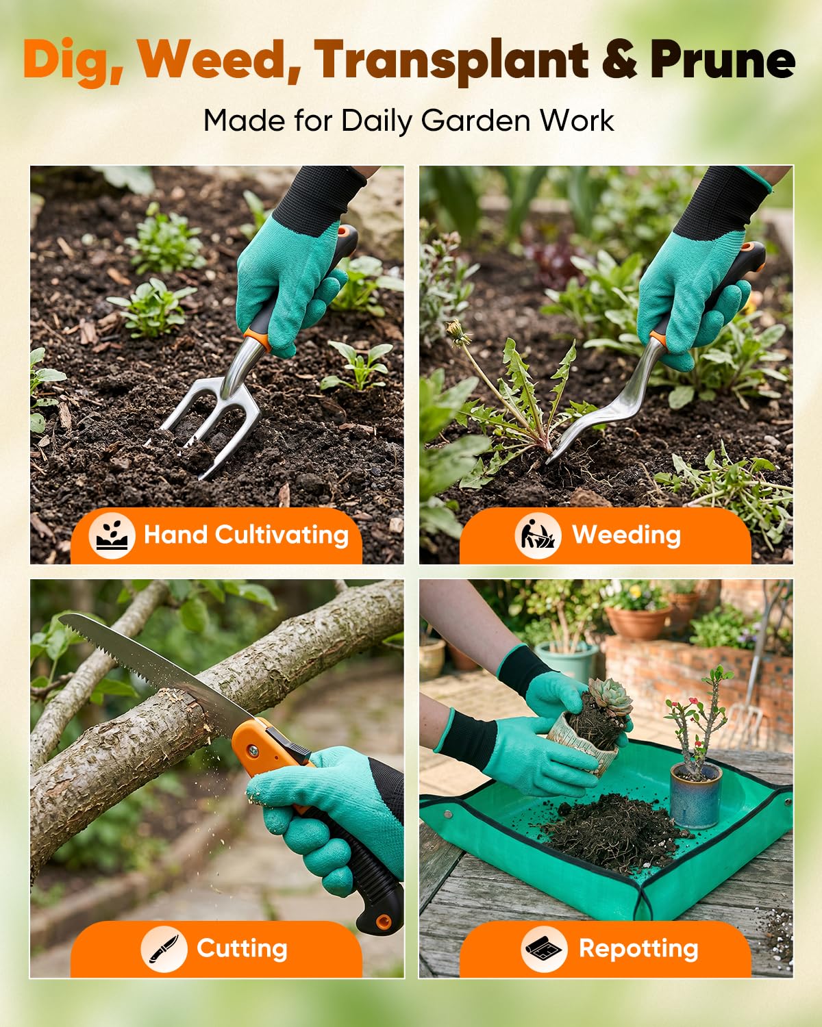 Garden Tool Set Gardening Tools - Heavy Duty Aluminum Tool Kit with Non-Slip Handle, Gardening Gloves and Tool Bag for Weeding, Planting and Pruning, Gifts for Women Mom (Orange Set)