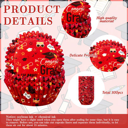 JarThenaAMCS 300Pcs Graduation Cupcake Liners 2026 Congrats Grad Paper Baking Cups Red Black Gold Standard Muffin Cupcake Wrappers for College High School Party Supplies Table Decor