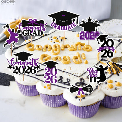 Graduation Decorations 2026 | Purple and Black Graduation Cake Topper 2026 - Pack of 36 | Graduation Cupcake Toppers 2026 for Graduation Decorations 2026, Dessert Toppers Grad, KatchOn