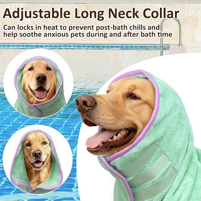 Soft Dog Bathrobe Fast Drying Dog Coat, Super Absorbent Dog Towels for After Bath, Microfiber Pet Robe Adjustable Collar & Belly Warm Keeping Dogs Coat for Pet Dogs & Cats (Green, Large)