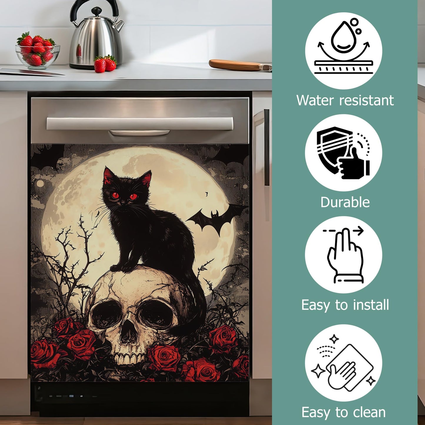 Gothic Black Cat Dishwasher Magnets Decorative Cover,Halloween Skull Flowers Waterproof Magnetic Dishwasher Cover Panel,Refrigerator Magnet Cover for Kitchen Home Decor 23x26 Inch