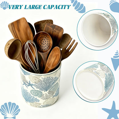 Coastal Utensil Holder, Sea Coastal Ceramic Kitchen Utensil Holder, Utensil Crock for Home Kitchen Countertop Storage Organizer Container, Large Holder for Spatulas, Spoons, Kitchen Counter Decor, 6"