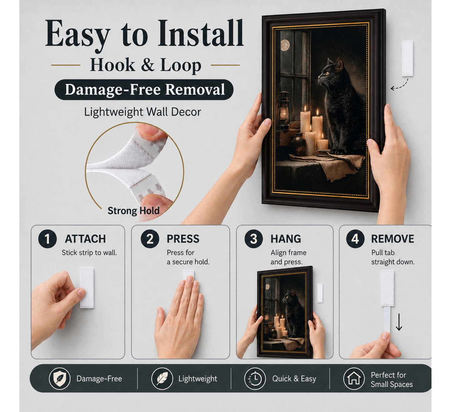 TravelReady Dark Brown Framed Canvas Wall Art Black Cat and Candle Damage-Free Hook and Loop Gothic Elegance Dark Academia Picture Decor for Bedroom Living Room, 9x11 in