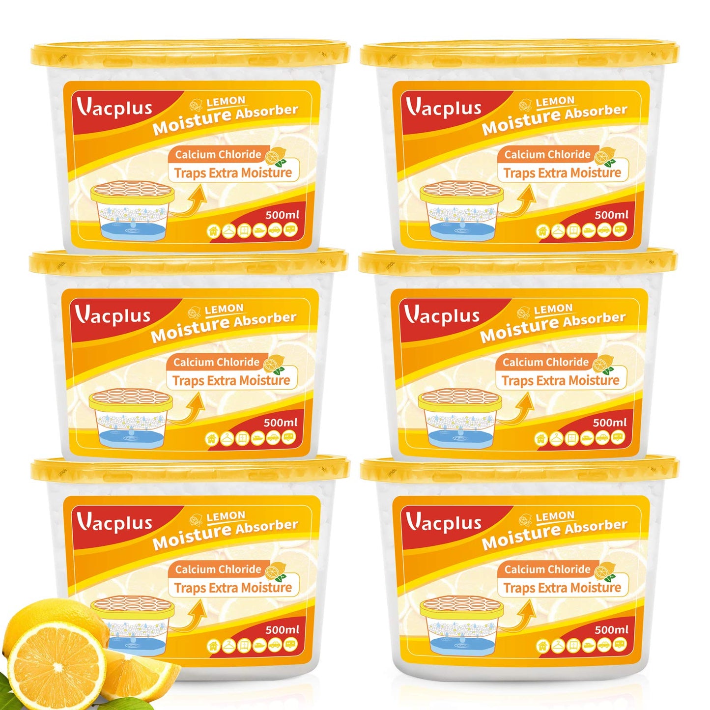 Vacplus Moisture Absorbers 6 Pack, 10.5 Oz Portable Humidity Absorber Boxes for Your Bathroom, Closet & Car, Dehumidifier with Lemon Fragrance, Yellow