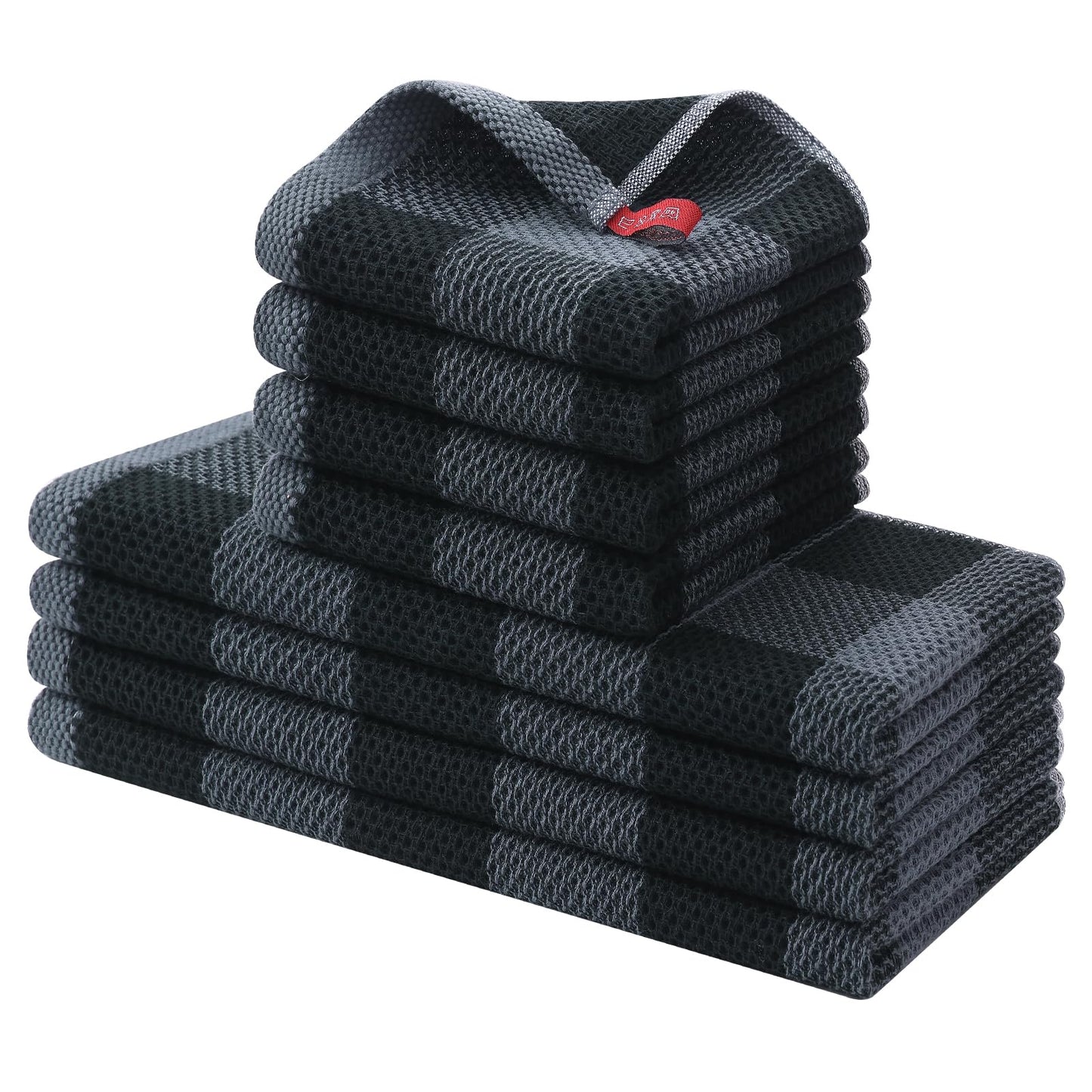 Homaxy Kitchen Towels and Dishcloths Set, 12 x 12 and 13 x 28 Inches, Set of 8 100% Cotton Waffle Weave Check Plaid Kitchen Dish Towels, Super Soft and Absorbent Dish Cloths, Black & Grey
