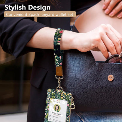 2-in-1 ID Badge Holder & Lanyard Wallet Cute Women Leather Zip ID Case Wallet with Breakaway Wrist Neck Lanyard, Clear Window, 5 Card Slots, Ring Keychain for Worker Teacher Floral Halloween Black Cat