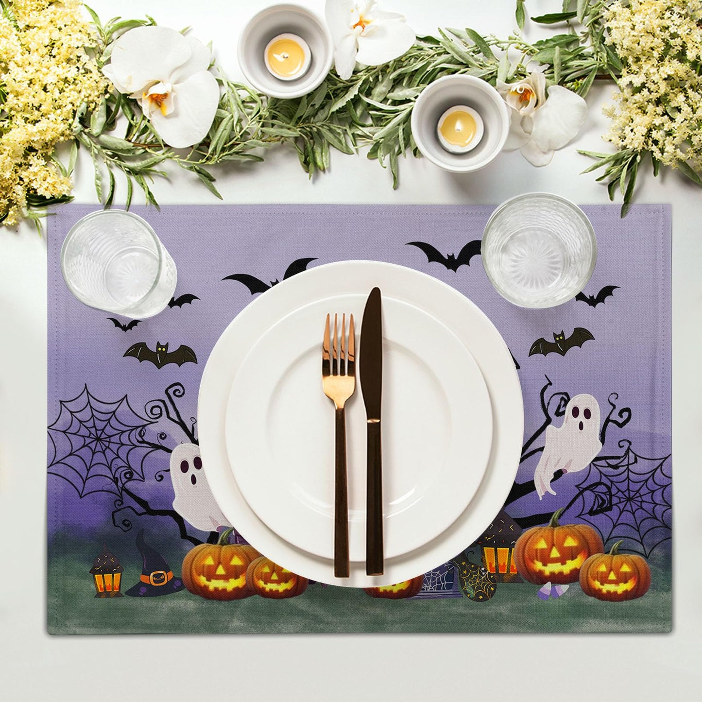 Khope Halloween Placemats Set of 4 Spider Web Pumpkin Purple Rustic Holiday Washable Heat Resistant Rectangle Dinner Mats for Party Kitchen Dining Decoration 12x18 Inch