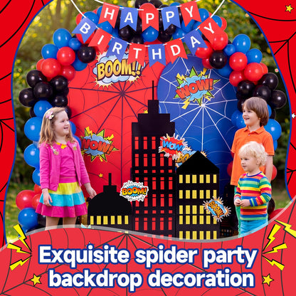 Outus 48 Pcs Spider Web Arch Backdrop Cover Balloons Skyscraper City Boxes Set 7.2ft/6ft Birthday Party Decorations for Photo Props Indoor Outdoor Cosplay Wedding Baby Shower Halloween Backdrop Decor